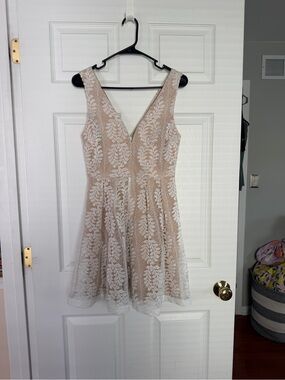 Lulu's White Lace A-Line Mini Dress with Nude Lining